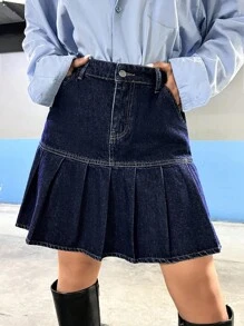 EURMUSE High Waist Pleated Hem Denim Skirt - Blue - View 3