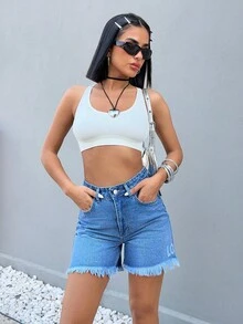 EURMUSE 女式字母图案口袋做旧下摆休闲牛仔短裤 - 中等水洗藍 - 查看 4