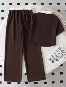 Sparklyn 少女T恤套装，年轻女士时尚灰色服装，白色领口拼接和弧形下摆，搭配裤子，休闲简约 - 棕色 - 查看 2