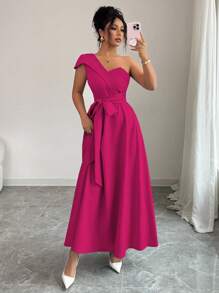 Lyxana Women's Elegant Solid Color Asymmetric Collar Long Dress - Hot Pink - View 5