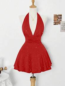 SHEIN Clasi 女士优雅亮片露背连衣裙，适合度假和派对 - 紅色 - 查看 3