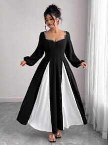 Elenzga Robe de fête en tricot de grande taille avec patchwork au col en forme de cœur perlé et ourlet, pour l'automne/hiver - Noir et Blanc - Voir 4