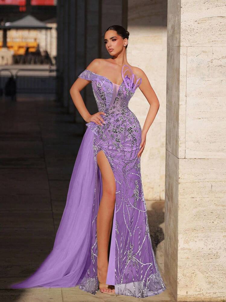 Glamrae Elegant Luxurious Sequin & Pearl Embellished Satin Sexy Thigh High Slit Mermaid Skirt With Side Drape, Suitable For Wedding, Party, Prom, Banquet (Heavy Embroidery) - Purple - View 6