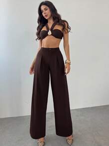 Firerie Women Elegant Mocha Brown Bamboo Textured Wide-Leg Comfortable High-Waisted Trousers/Pants,Graduation,Teacher Outfits For Women,Back To School,Elegant Going Out Tops,Back To School,Grunge Clothes, Fall Clothes Women,Teacher Outfits - Khaki - View 3