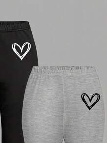 SHEIN Girlism 2件套少女休闲运动修身喇叭裤，黑色+浅灰色爱心印花，黑白撞色时尚，适合秋冬季节。 - 彩色 - 查看 6