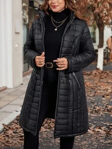 SHEIN Clasi Áo khoác dài chần bông có khóa kéo cỡ lớn dành cho nữ, mùa thu/đông - màu đen - Xem 5