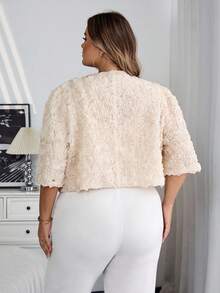 SHEIN CURVE+ Áo khoác mỏng tay ngắn họa tiết hoa hồng 3D cỡ lớn cho nữ, thanh lịch, tối giản, lãng mạn, thời trang, thích hợp cho hẹn hò, tiệc tùng, đi làm, nghỉ dưỡng - Màu be - Xem 7