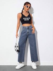 EMERY ROSE Casual Washed High Waist Straight Leg Jeans - Dark Wash - View 3