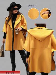 EMERY ROSE Plus Size Autumn/Winter Fashion Color Block Trim Hooded Overcoat, Casual Minimalist Style For Everyday Wear,Going Out, Suitable For Autumn And Winter Fall - Yellow - View 1