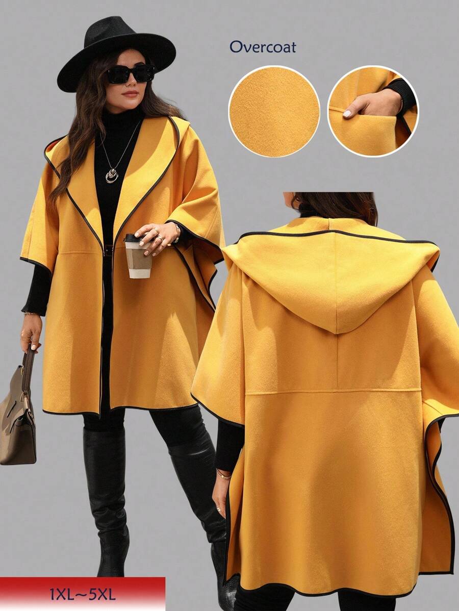 EMERY ROSE Plus Size Autumn/Winter Fashion Color Block Trim Hooded Overcoat, Casual Minimalist Style For Everyday Wear,Going Out, Suitable For Autumn And Winter Fall - Yellow - View 1