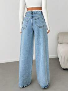 EURMUSE WOMEN DENIM WIDE LEG MID WAIST LACE BELT DETAIL JEANS - Light Wash - View 2
