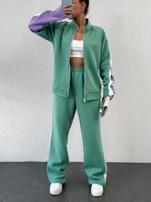 RueChic Cotton Contrast Side Seam Raglan Sleeve Jacket & Pants - Multicolor - View 5