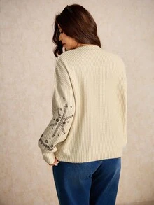 Elaquor Plus Size Elegant French Style Casual Striped Print Lightweight Knit Pullover Sweater For Women Autumn Winter Clothes For Women Fall/Winter - Beige - View 2