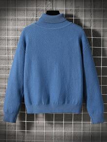 SHEIN Tween Boy Casual Versatile Cable Knit Sweater,Solid Fog Blue High Collar Turtleneck,Suitable For School,Autumn/Winter,Kids' Back-To-School,Sports - Blue - View 3