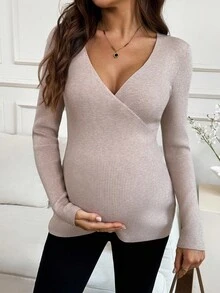 SHEIN Fall Clothes,Autumn Clothes,Maternity Autumn Clothes Maternity Maternity Solid Color Overlap V-Neck Long Sleeve Fitted Fashionable Sweater Maternity Shirts For Women Maternity Clothes Fall Winter Pregnancy Clothing Beige Maternity Shirt Maternity Tops Nursing Maternity Shirt Fall Winter Maternity Beige Maternity Top Pregnant Outfits Maternity Fall Winter Clothing Maternity Wrap Top - Camel - View 3