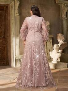 Aureia 加大码优雅奢华深 V 领长袖透明美人鱼下摆连衣裙，带珍珠和水钻装饰，适合婚礼、派对、庆典、单身派对、正式晚会 - 藕粉色 - 查看 3