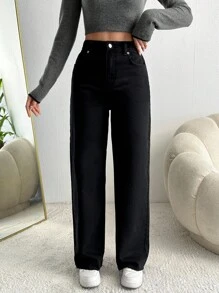 EURMUSE Damen High-Waist Weite Bein Jeans 100% Baumwolle - Schwarz - Übersicht 5