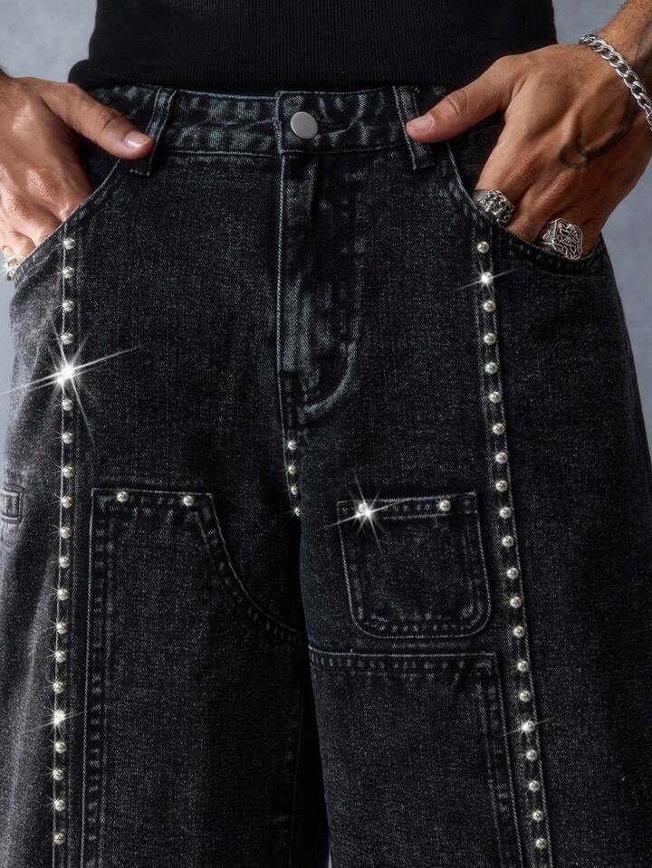 Our Street Life Men's Rhinestone Embellished Pocket Wide Leg Loose