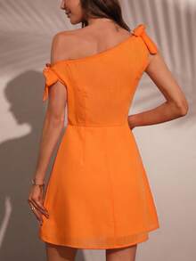 Chiquease 女士简约优雅通勤度假温柔休闲系带露肩连衣裙 - 亮橙色 - 查看 2