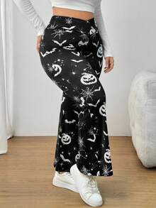 SHEIN PETITE CURVE Plus Size Women's High-Waisted Cross Design Flared Leggings, Suitable For Halloween Halloween Pants