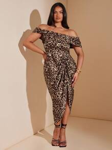 SHEIN BAE Váy xẻ tà họa tiết da báo satin trễ vai cỡ lớn dành cho nữ - màu nâu - Xem 2