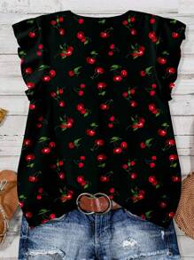 Mellowie VCAY Vacation Cute Cherry Print Loose Casual Plus Size Women Shirts, Suitable For Summer Cherry Shirt Women Cherry Print Blouse Women Blouses Summer,Going Out Tops Autumn And Winter Chic Blouses For Women