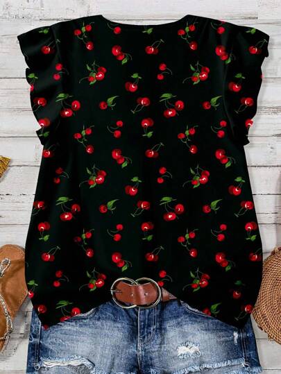 EMERY ROSE Camisas casuales holgadas de talla grande con estampado de cerezas lindas, adecuadas para el verano