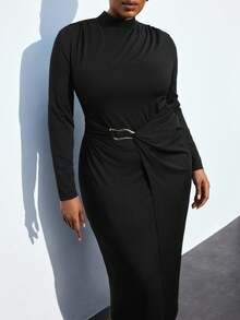 Maija 大码女式黑色不对称设计金属装饰百搭现代都市休闲时尚连衣裙，适合节日、派对，优雅都市时尚休闲，黑色缎面蝴蝶结肩带结构休闲商务装，低调复古氛围高端都市通勤风格，杂志编辑同款都市社交节日派对装，迷人低调基本百搭连衣裙，休闲咖啡厅街头长款超长连衣裙 - 黑色 - 查看 6