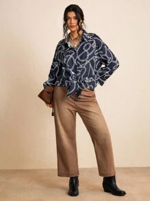 SHEIN LUNE LUNE Women's Plus Size Navy Blue Elegant Office Shirt,Chain Print Long Sleeve Knit Tie Cuff Blouse,Old Money Summer Boho Chic Business Fashion Tops - Multicolor - View 4