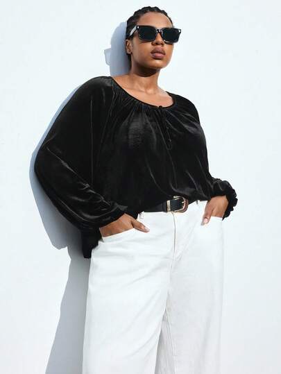 Maija 秋冬季加大码黑色圆领褶皱长袖公主袖上衣，时尚百搭；舒适、时尚、优雅、休闲、简约日常穿着、必备单品、纯色、假日休闲、得体、单身女士、优雅时尚商务休闲女装外出上衣、秋季加大码女装约会之夜女装、曲线美女装、圣诞节、万圣节、墨西哥非洲风情