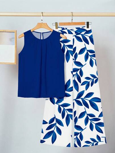SHEIN Clasi Conjunto de 2 piezas con estampado de hojas azules de estilo retro para mujer, cómodo y adecuado para uso diario