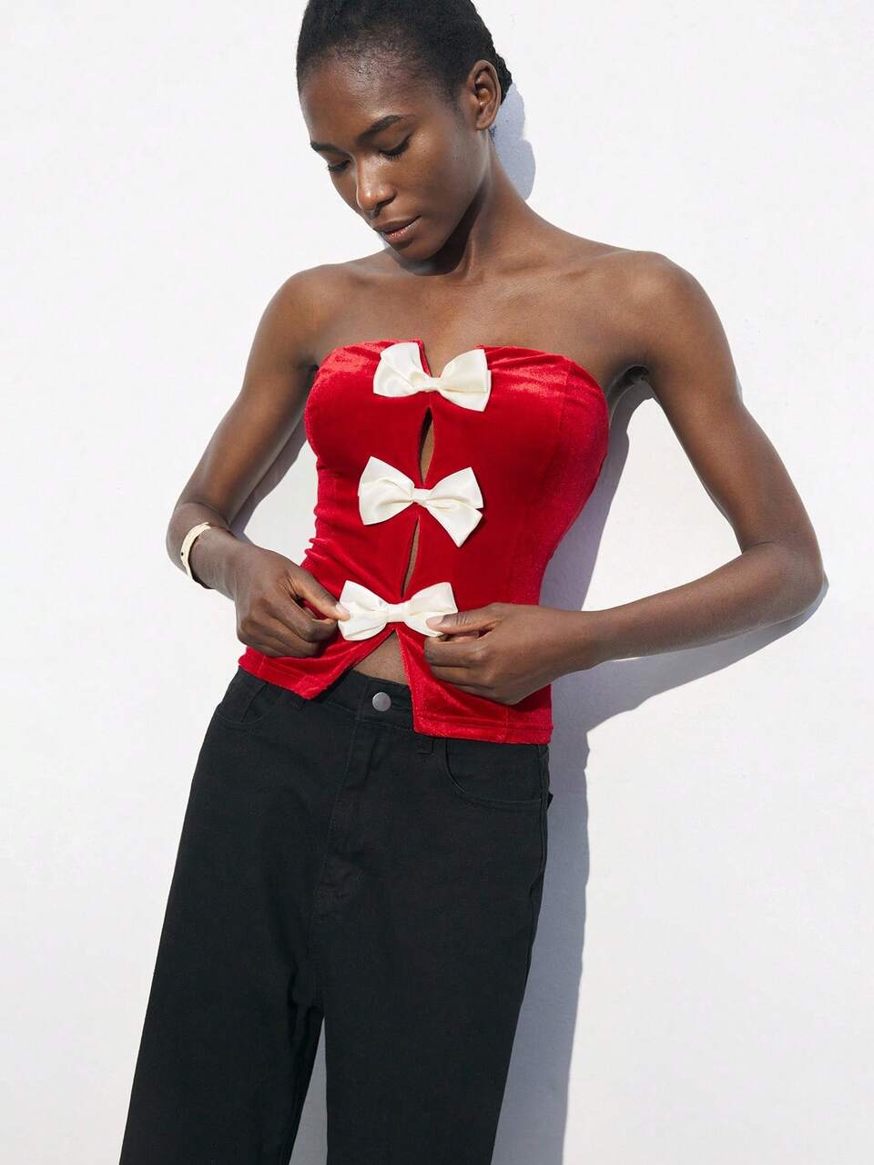 SHEIN Maija Top corto in velluto elegante da donna con patchwork, decorazione fiocco, nero, adatto per l'autunno/inverno