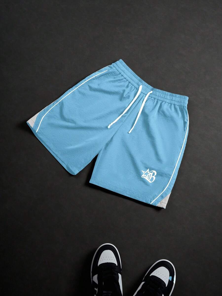 PAVTROS Manfinity Streetrush Men's Summer Casual Colorblock Letter Print Shorts - Baby Blue - View 1