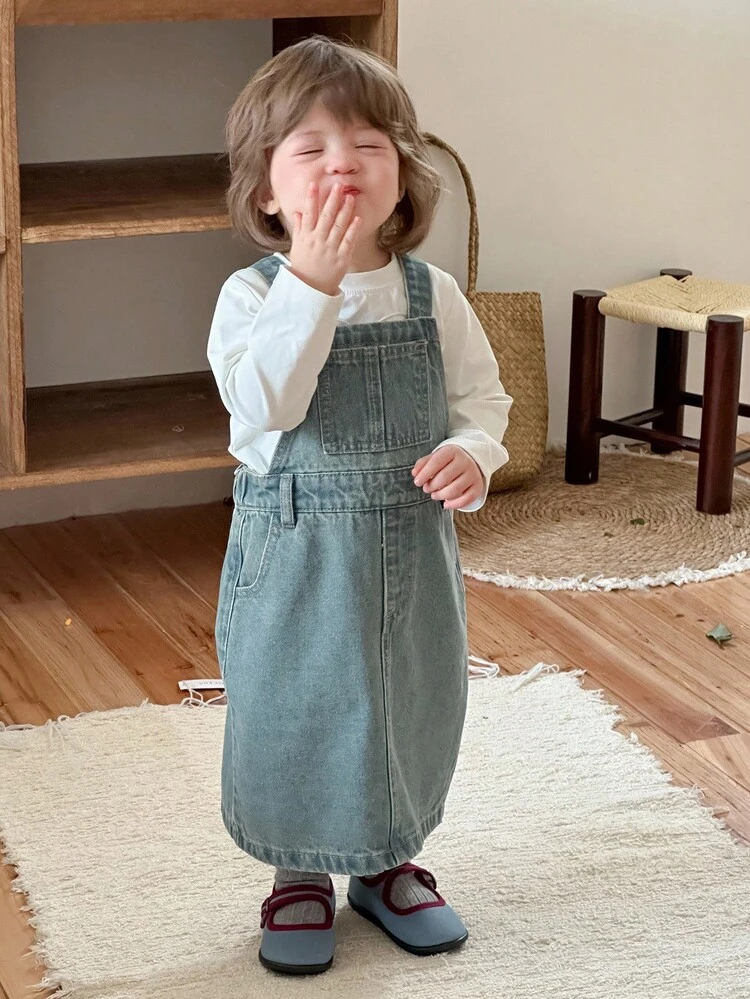 Baby Girls Solid Color Washed Casual Korean Style Denim Jumpsuit Dress Fall,Winter Toddler Girls Clothes