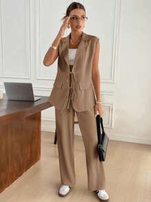 Siren Gaze 秋冬女士纹理系带背心和裤子休闲套装两件套 - 卡其色 - 查看 4