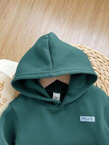 2pcs/Set Baby Boy Cute Dark Green Hoodie Sweatshirt And Elastic Waist Cargo Pants Set, Autumn/Winter Fall - Dark Green - View 4