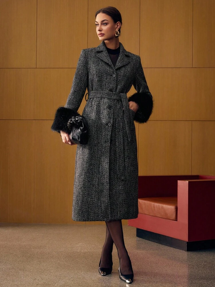 BELTED CONTRAST FAUX FUR OVERCOAT