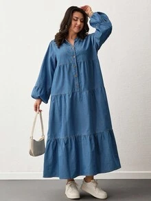 EURMUSE Vestido con detalles de volantes y botones delanteros para tallas grandes - Azul - Ver 3