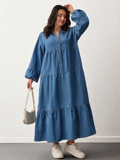 EURMUSE Plus Size Frill Detailed Button Front Dress