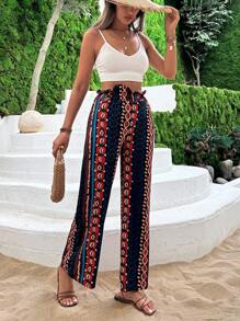 RueChic Stripes And Geometric Pattern Knotted Paperbag Waist Pants - Multicolor - View 3