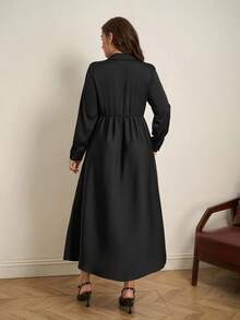 SHEIN Clasi Plus Size Women Acetate Satin Texture Black Dress,Autumn Elegant Formal Evening Tea Party Outfits,Modest French Style Business Professional Work Wear - Black and White - View 2