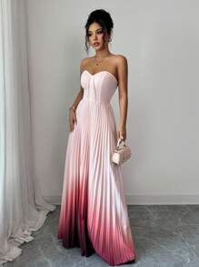 Elenzga Vestido elegante y romántico con gradiente de color, cintura fruncida y dobladillo en línea A sin tirantes para mujeres - Multicolor - Ver 4