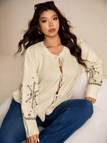 Elaquor Plus Size Elegant French Style Casual Striped Print Lightweight Knit Pullover Sweater For Women Autumn Winter Clothes For Women Fall/Winter - Beige - View 4