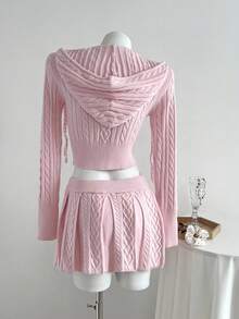 Elamini 2pcs Casual Versatile Tight-Fitting Cable Cable Knit Sweater Set Fall Winter Cloth For Women - Pink - View 2