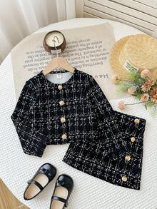 SHEIN Firerie Kids Young Girl Urban Chic Long Sleeve Jacket And Bodycon Mini Skirt Set Fall Winter