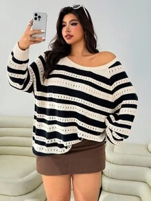 SHEIN EZwear 大码女式条纹镂空插肩袖宽松休闲套头衫女式条纹套头衫大码女式套头衫秋冬装 - 彩色 - 查看 3