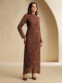 Anewsta 女士优雅法式玫瑰色高品质缎面撞色蕾丝长裙女装 - 咖啡 - 查看 3