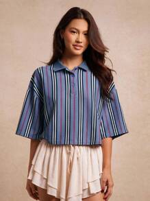 WESTFADE 条纹罗纹针织短袖宽松短款纽扣前部 Polo 衫 返校可爱秋季乡村音乐会 - 藍色 - 查看 3