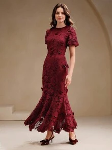 Anewsta 女式夏季新款碎花蕾丝连衣裙，优雅派对时尚 - 酒紅色 - 查看 5