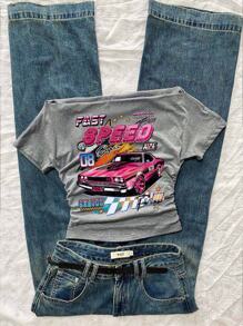 Attitoon 女士休闲腰部褶饰粉色汽车英伦印花朋克复古露肩紧身短袖T恤，适合夏季、街头风格和机场，露肩上衣